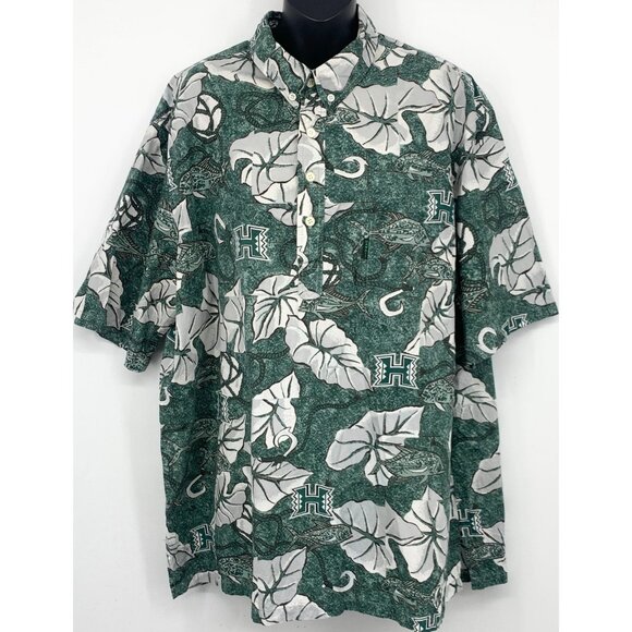 RARE Vintage University Of Hawaii Mens 3X Green Hawaiian Polo Shirt Floral - Picture 1 of 7
